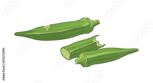 Fresh green okra pods cut into pieces on a white background.