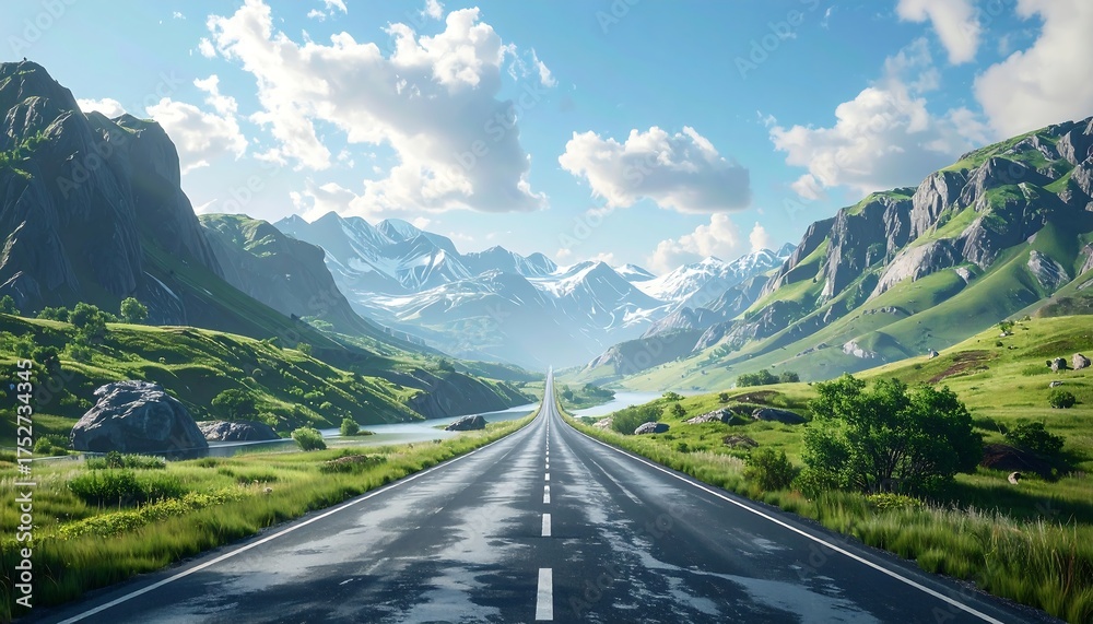 Fototapeta premium A long road leads towards towering mountains, under a bright blue sky with fluffy white clouds