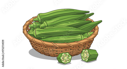 A woven basket overflowing with fresh green okra pods and two sliced pieces.