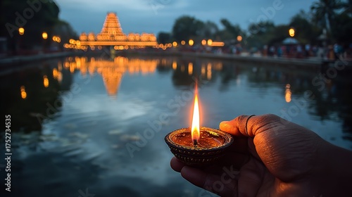 Hand holding a diya lamp with a temple reflection in the water during diwali, symbolizing the triumph of good over evil