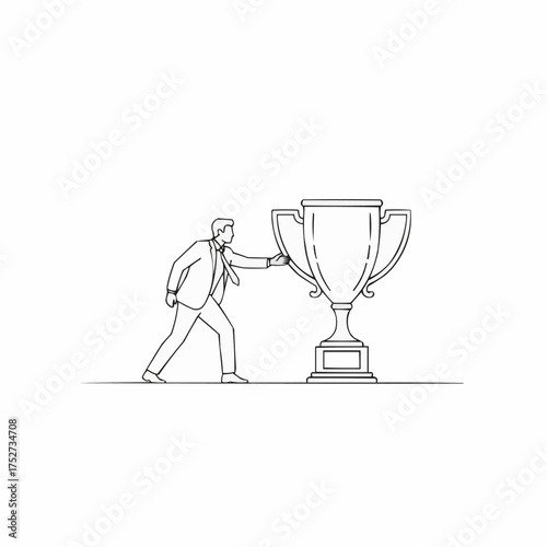 Businessman striving to achieve success by pushing a large trophy.