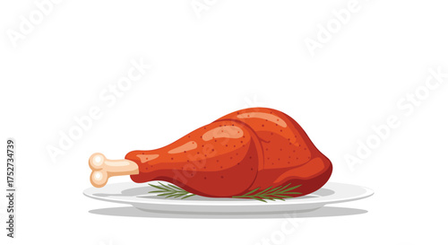 A juicy roasted turkey leg garnished with rosemary on a white plate.