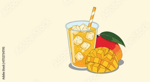 Delicious tropical mango juice with fresh fruit and ice.