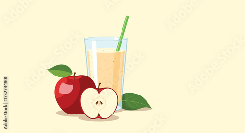 A glass of refreshing apple juice next to whole and sliced ripe red apples with green leaves.