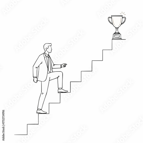 Man climbing stairs towards trophy representing success and achievement.