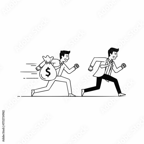 A businessman runs away with a bag of money while another man chases him.