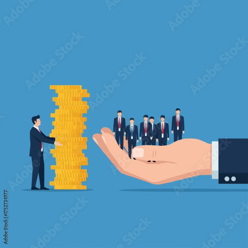 Business hand offering support to a team of employees and money.