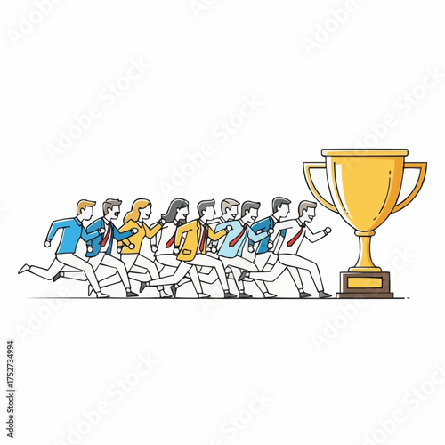 Diverse group of business people racing towards a golden trophy, symbolizing competition and success.