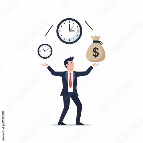 Businessman juggling time and money representing work life balance.