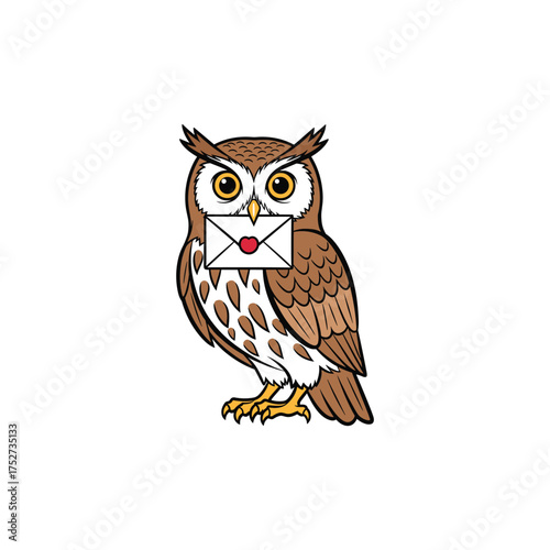 Whimsical cartoon owl delivering a love letter with a heart symbol on its envelope vector