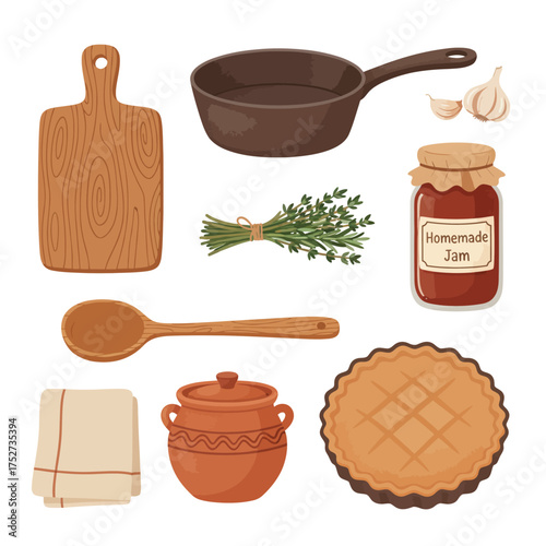 Delicious ingredients and kitchen tools icon set for homemade baking and cooking, featuring a pie, jam, herbs, and utensils