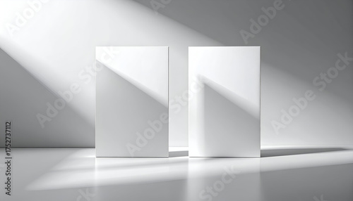 Two blank white cards stand upright on a reflective surface in a minimalist studio bathed in soft, diffused light creating a serene and modern atmosphere.