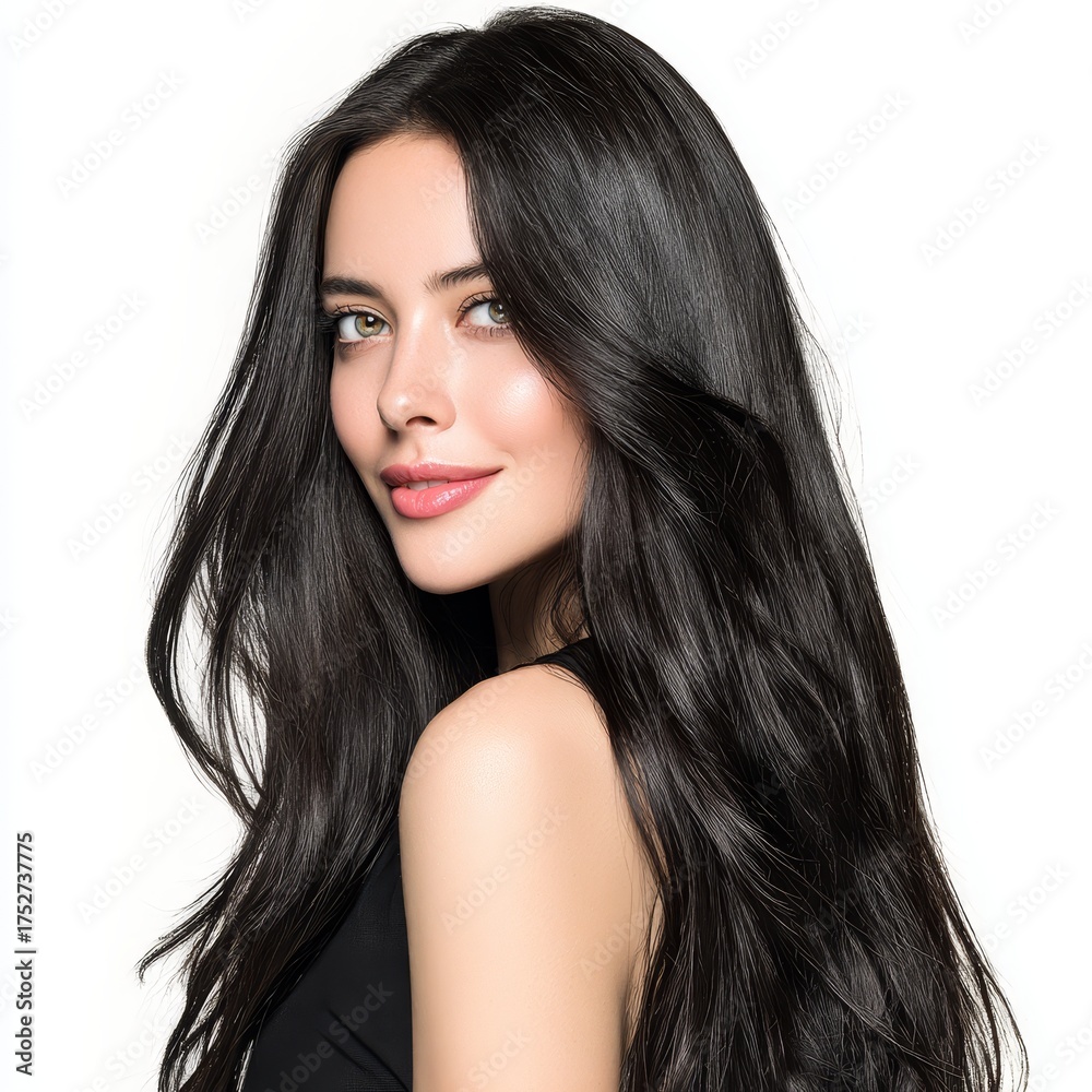 Naklejka premium A woman with long black wavy hair showing smooth skin, presenting an elegant and charming appearance.
