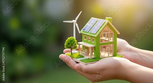 Conceptual image of eco-friendly green house miniature with solar panels and wind turbine on person hands, symbolizing sustainable energy future environment conservation and smart home technology