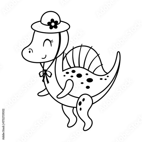 Black and white dinosaur girl clipart, cute isolated jurassic character doodle. Vector illustration
