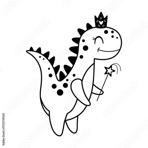 Cartoon dinosaur princess clipart. Cute black and white dino girl character doodle. Vector illustration