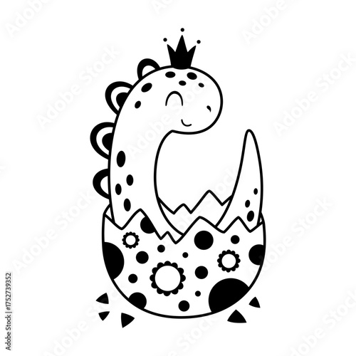 Cartoon dinosaur baby in egg, cute lack and white dino girl clipart, jurassic character doodle. Vector illustration