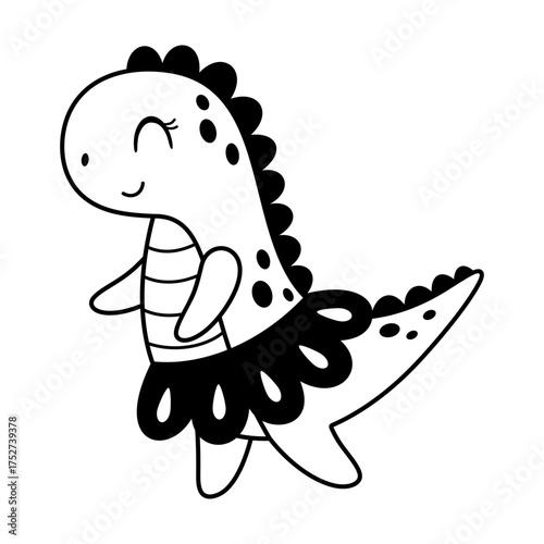 Cartoon dinosaur girl clipart in black and white color, cute isolated jurassic character. Vector illustration