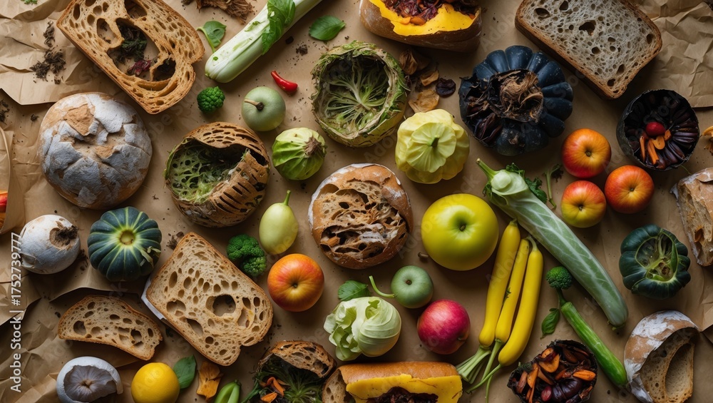 Fototapeta premium Flatlay of Decomposing Food Waste, Bread, and Produce on Paper