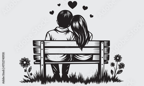 A romantic black-and-white illustration of a couple sitting closely on a bench under the sky, symbolizing everlasting love and togetherness. Perfect artwork for expressing affection, devotion .