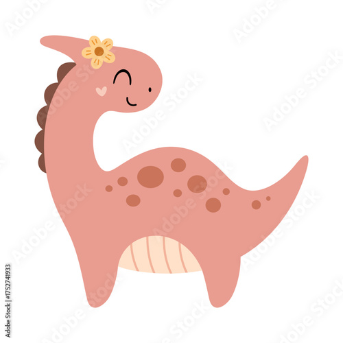Cute pink dinosaur girl clipart, isolated cartoon jurassic character. Vector illustration
