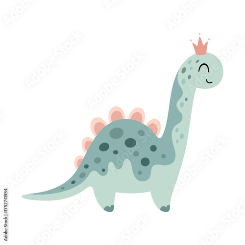Cartoon dinosaur princess clipart. Cute dino girl character in pastel colors. Vector  illustration