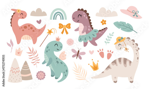 Cute dinosaurs clipart set and girly elements. Cartoon dino girl character. Vector illustration