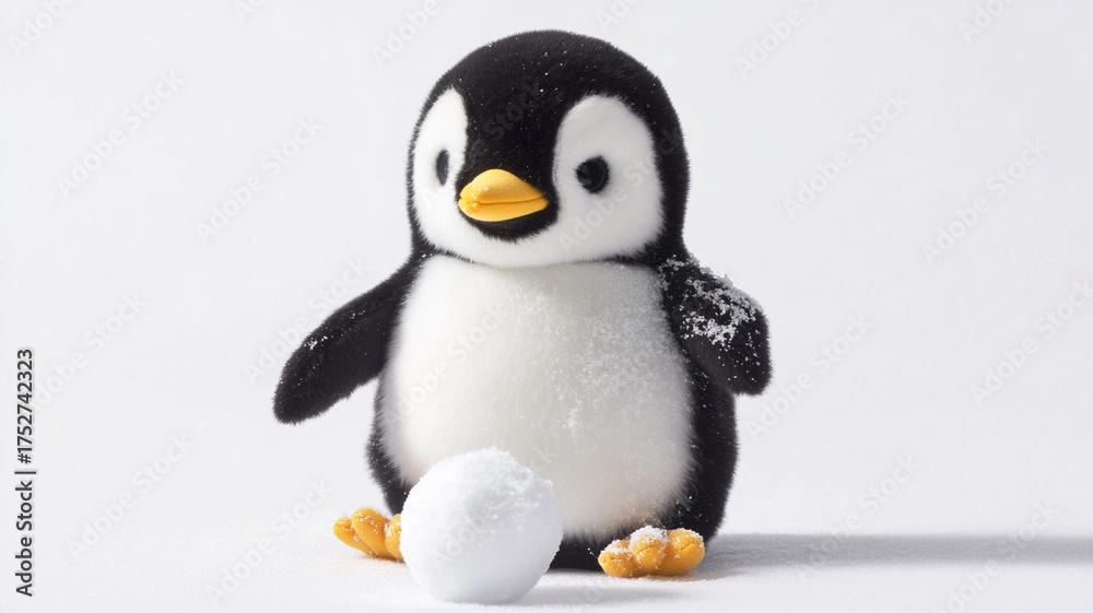 Fototapeta premium An adorable plush baby penguin toy dusted with snow, ready for a snowball fight on a clean, isolated white background.