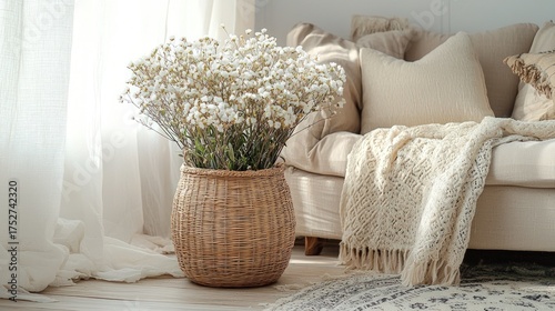 Cozy living room interior with a large bouquet of white flowers in a wicker basket.