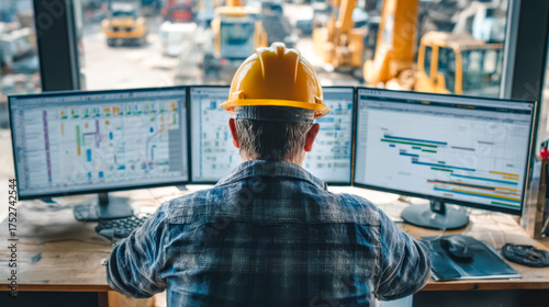 Construction project manager analyzing schedules on multiple monitors in an office