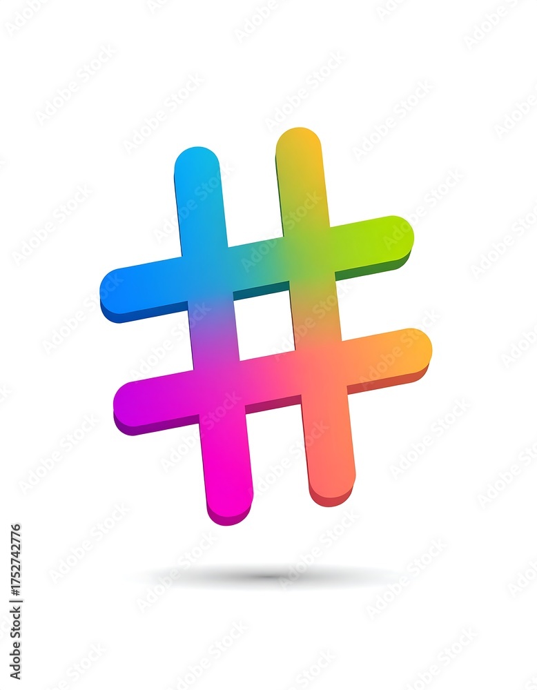 Fototapeta premium A colorful, 3D hashtag symbol with a shadow, rendered on a white background
