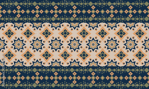 Navy and Beige Geometric Pattern Ornamental Textile Design