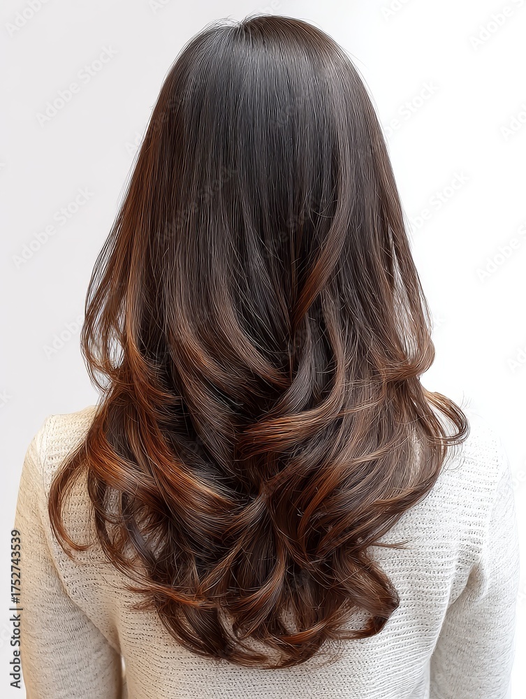 Naklejka premium This image shows long wavy hair with natural brown highlights, presenting a smooth and elegant texture.