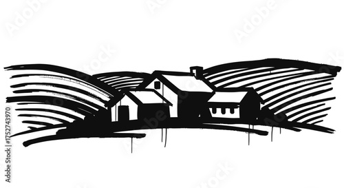 Rustic farmhouse and rolling hills vector illustration scalable countryside art