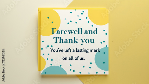 A greeting card featuring a bold yellow background, scattered with polka dots in aqua blue with the text 