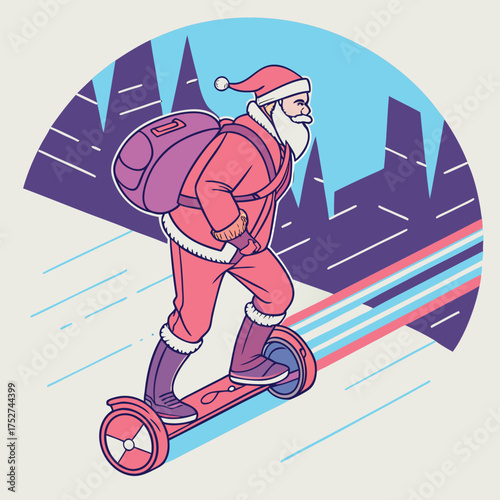 Santa Claus on Hoverboard: Santa Claus rides a hoverboard through a stylized winter wonderland, delivering gifts with a modern twist. A cheerful image of Christmas spirit.
