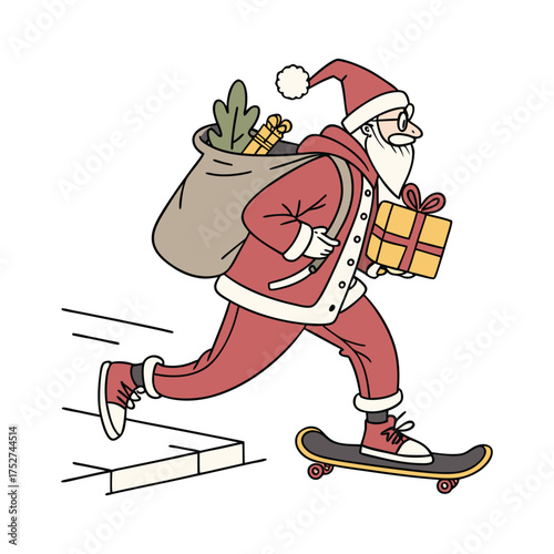 Santa's Christmas Dash: Santa Claus, rides a skateboard, cheerfully carrying gifts and festive cheer to spread holiday joy.