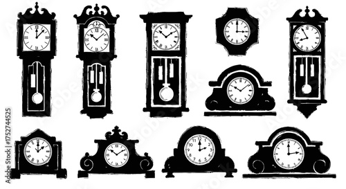 Collection of vintage antique grandfather and mantel clocks vector illustrations