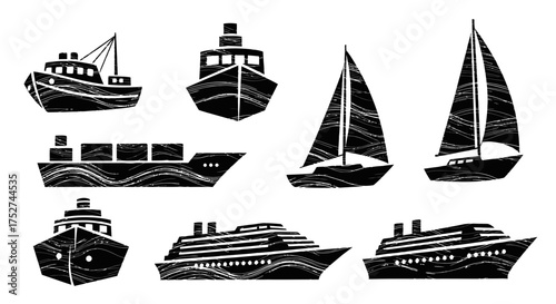 Collection of vector nautical vessels includes ships boats and sailboats for marine illustration