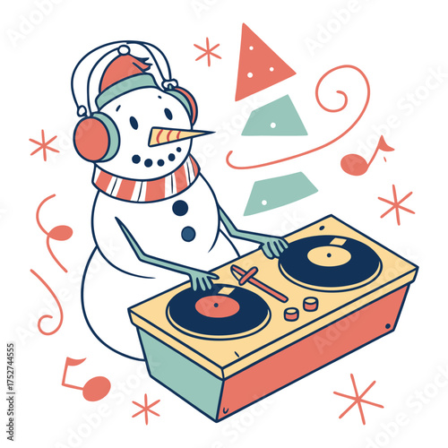 Snowman DJ Mixing Festive Vibes: A cheerful snowman spins tracks on a DJ setup, with a festive Christmas tree in the background. A delightful blend of holiday cheer and musical entertainment.
