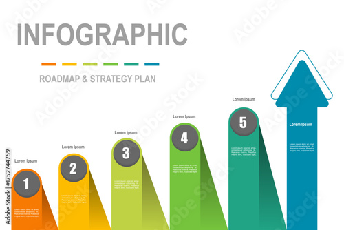 For business concept with 5 steps infographics, multicolor rectangle shape with increasing arrow, design for workflow layout, diagram, annual report, web design. vector illustration