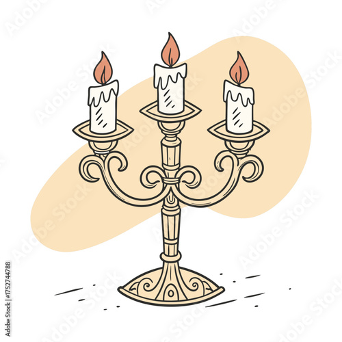 Antique Candle Holder Illustration: Elegant illustration of an antique candle holder, with three lit candles, perfect for evoking a sense of vintage charm and romantic atmosphere.