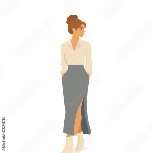 Confident Business Woman in Long Skirt and Blouse with Pockets