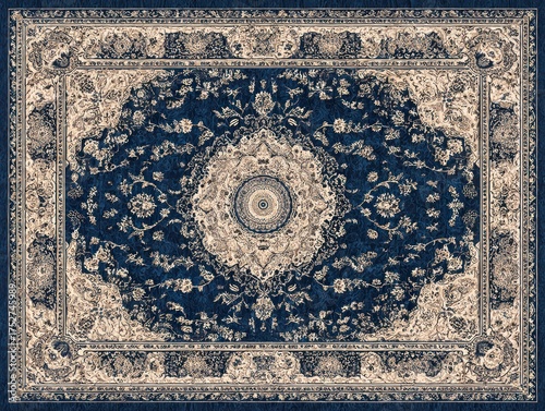 a pale gold and navy blue rug with an intricate design in the center