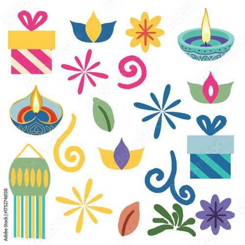 Bright Diwali Festival Decorations With Candles, Flowers, Leaves, Lanterns, Gifts and Swirls