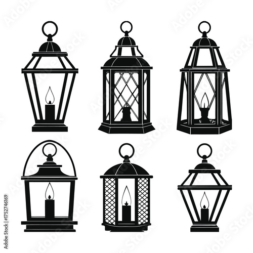 Collection of six vintage silhouette style lanterns with glowing candle illumination