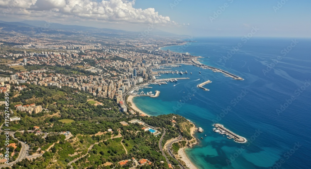 Fototapeta premium Aerial view of beirut city with coastline and mediterranean sea.