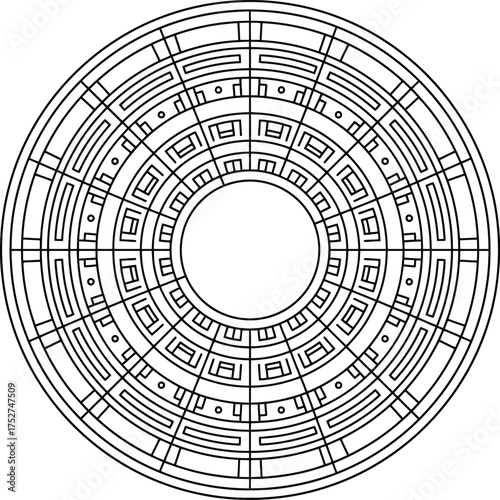 Vector geometric circular grid ornament inspired by Beijing traditional architecture, decorative symmetry pattern