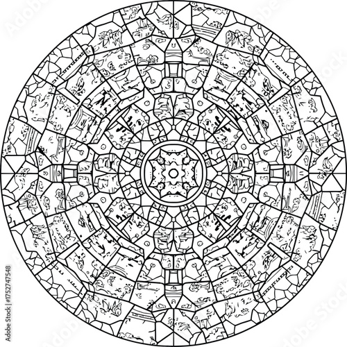 Vector imperial ceiling lattice ornament inspired by Beijing traditional architecture, decorative circular mosaic pattern