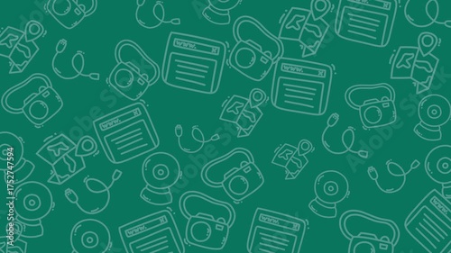 Teal background with sketched cameras and webcams, ideal for graphic design projects, social media posts, or technologyrelated content.